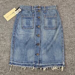 RAG‎ & BONE Button Front Frayed Hem Denim Skirt 25 Santa Cruz Blue Medium Wash